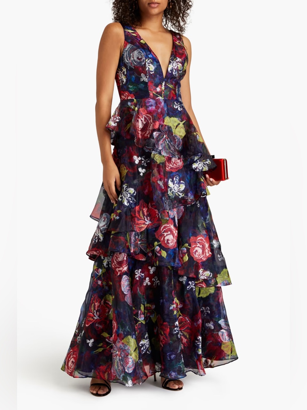 MARCHESA NOTTE Tiered embroidered floral-print organza Gown Original Price $1295